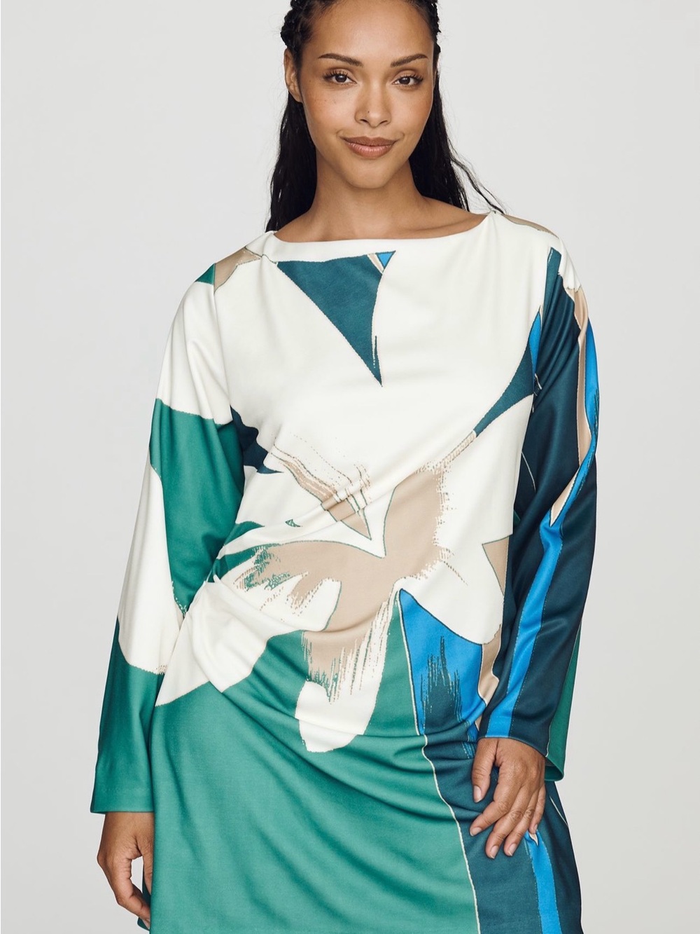 Anthropologie Abstract-Print Long Sleeve Boatneck Dress in Teal, White & Blue
